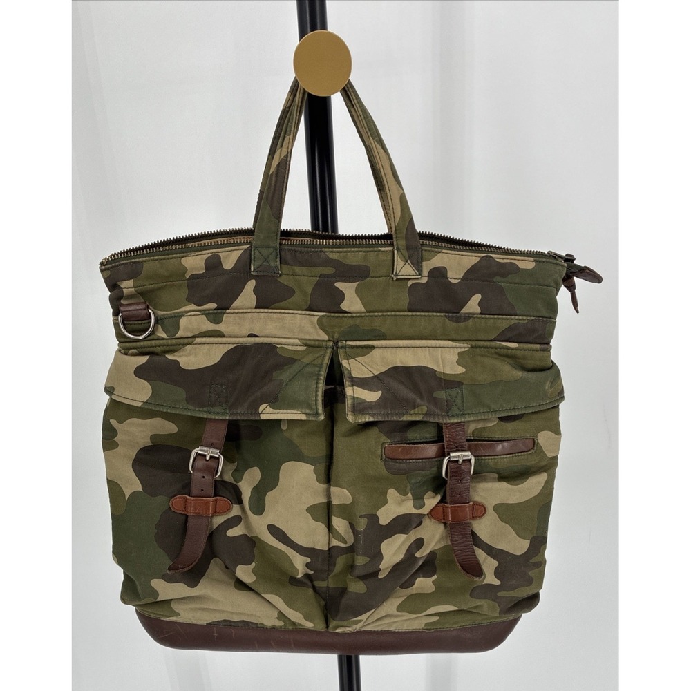 Ralph Lauren Rugby Camo Tote Bag Leather Trim Military Canvas Rare Discontinued